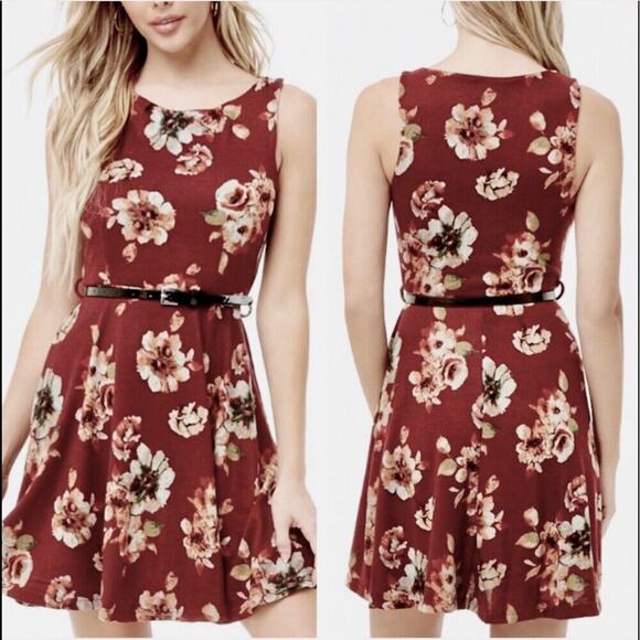 Grunge Y2k Iris Red Wine Floral belted Fit & Flare Sleeveless Knit Dress Small - Picture 2 of 7